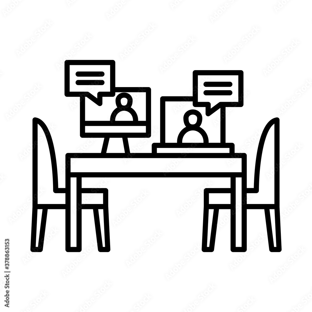 coworkers men in computer and laptop at desk line style icon design, Coworking teamwork and strategy theme Vector illustration