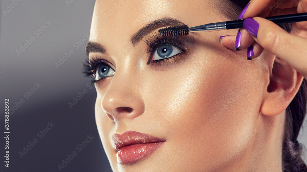Makeup artist applies  mascara on the eyelashes  . Beautiful woman face. Hand of visagiste, painting  cosmetics of  beauty  model girl . Make up in process