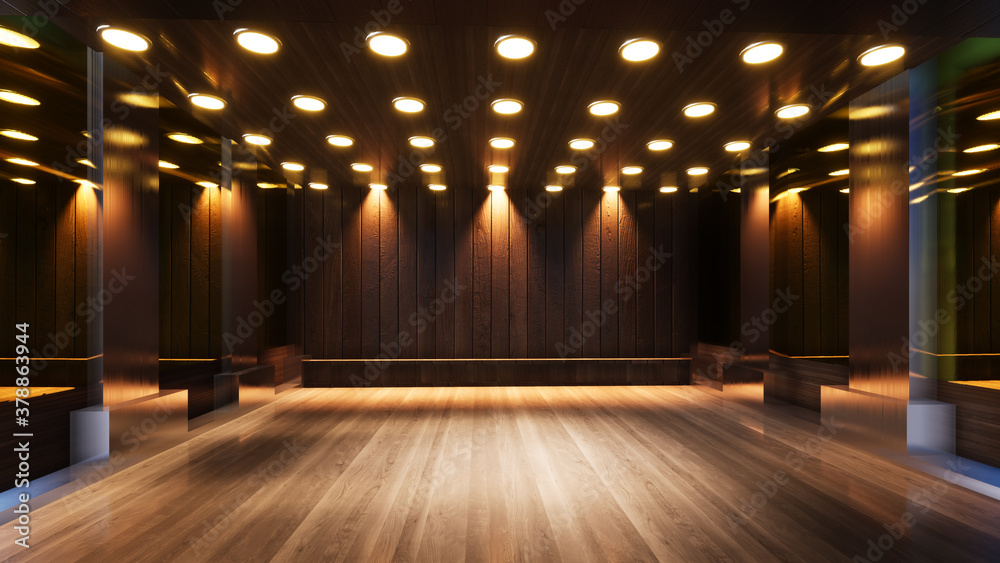 three-dimensional color background for wooden TV studio 3d rendering - obrazy, fototapety, plakaty 