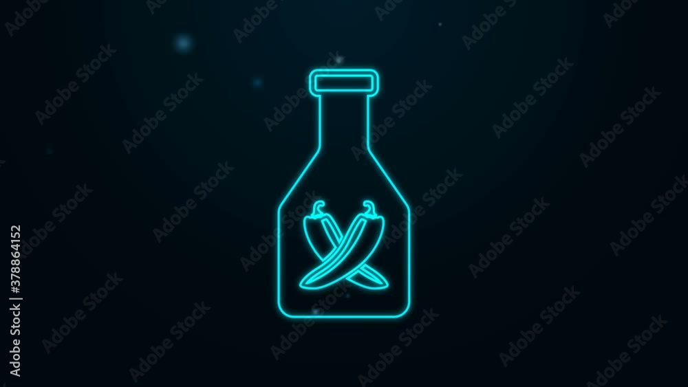 Glowing neon line Ketchup bottle icon isolated on black background. Hot chili pepper pod sign. Barbecue and BBQ grill symbol. 4K Video motion graphic animation