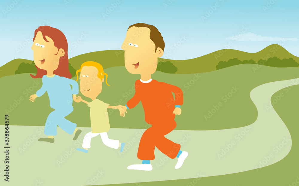 Side profile of parents and their daughter jogging