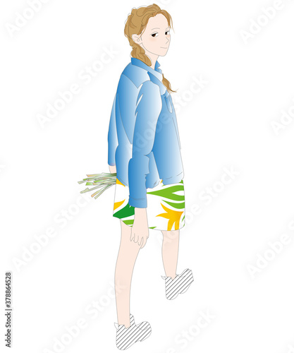 振り返る女性、歩く散歩姿のイラスト、背景なし