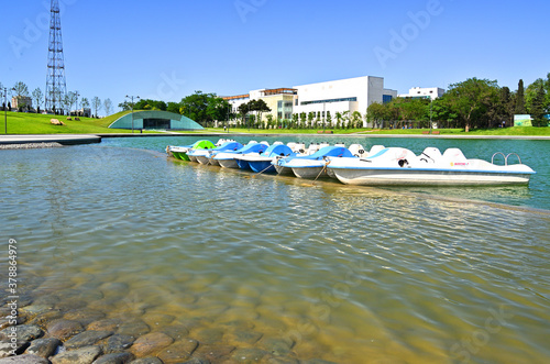 Catamarans on an artificial lake in the park 