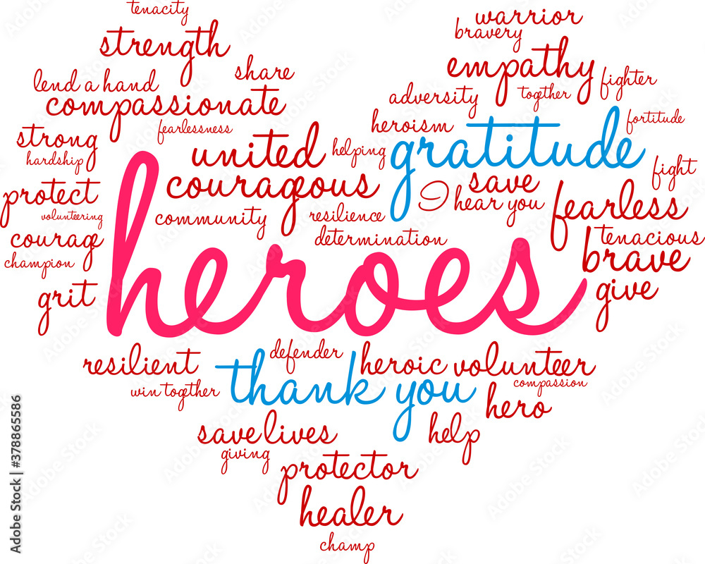 Heroes Word Cloud on a white background. 