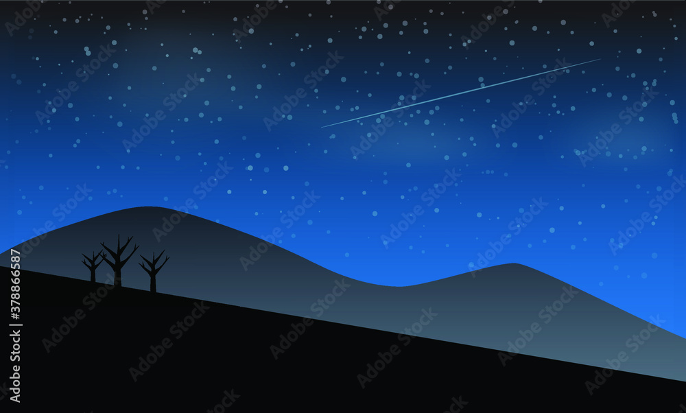 Silhouette of a night landscape background with mountains with stars