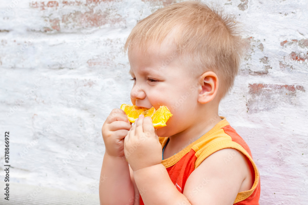 Portrait of child. Cute boy posing with an orange. The emotions of a child. Portrait of child. Cute boy posing with an orange. The emotions of a child.