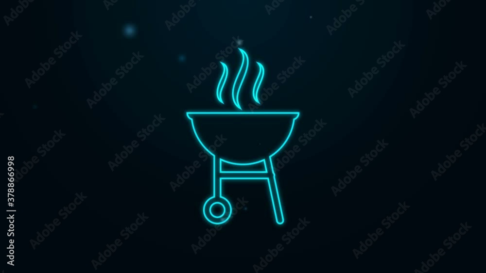 Glowing neon line Barbecue grill icon isolated on black background. BBQ grill party. 4K Video motion graphic animation Glowing neon line Barbecue grill icon isolated on black background. BBQ grill party. 4K Video motion graphic animation