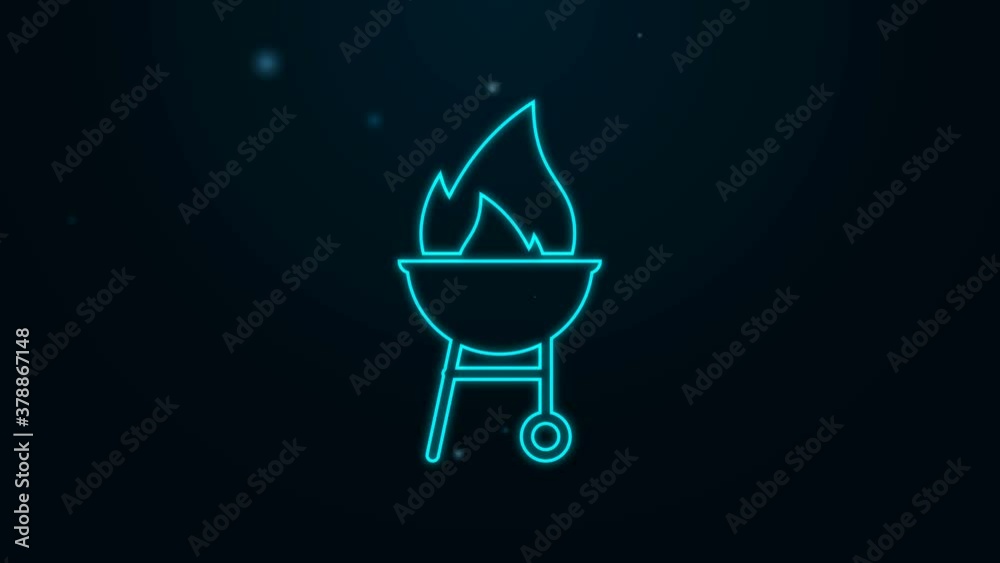 Glowing neon line Barbecue grill icon isolated on black background. BBQ grill party. 4K Video motion graphic animation Glowing neon line Barbecue grill icon isolated on black background. BBQ grill party. 4K Video motion graphic animation