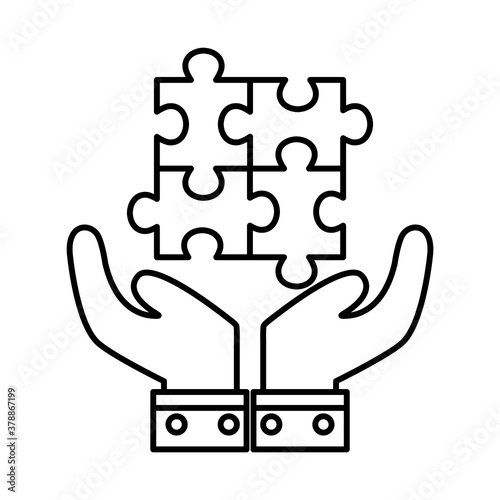 Puzzles over hands line style icon design, Jigsaw game object teamwork match toy element connection and solution theme Vector illustration