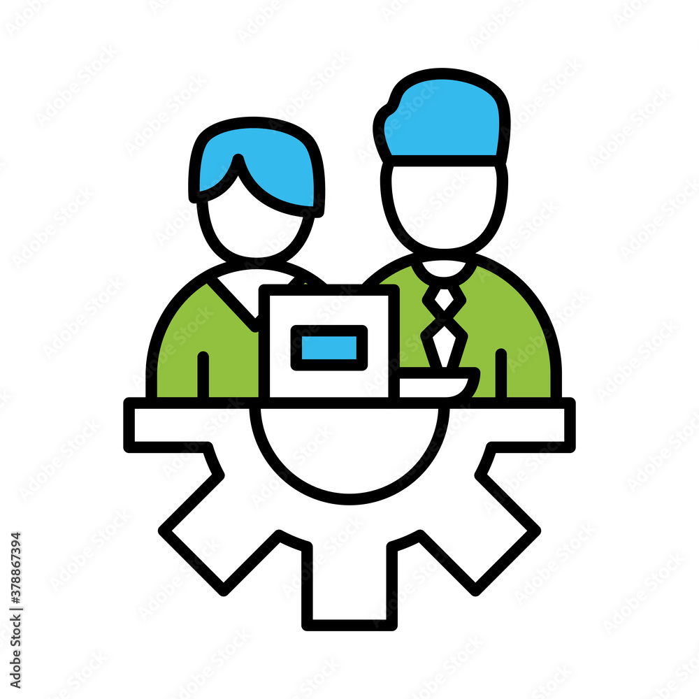 coworkers men with laptop on gear line and colors style icon design, Coworking teamwork and strategy theme Vector illustration