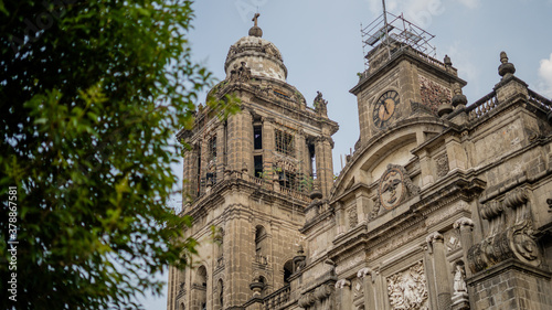 Cathedral of Mexico City and One of Its Bell Towers under a Blue Sky