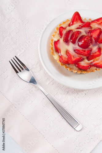 High angle view of strawberry tart