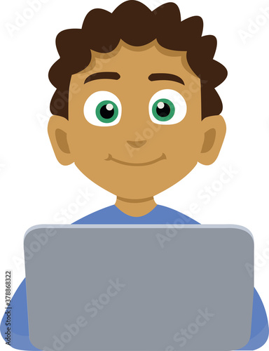 Vector emoticon illustration of a man working with a laptop