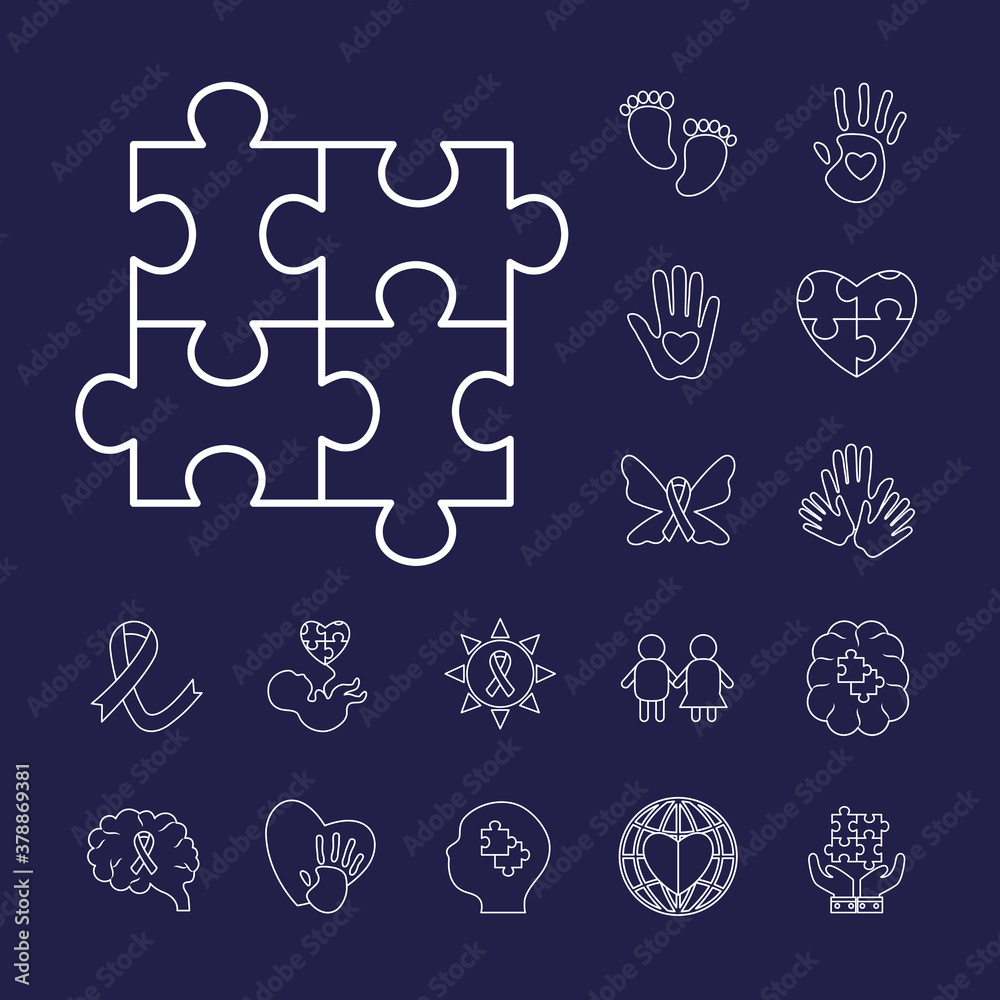 down syndrome line style set icons design, disability support and solidarity theme Vector illustration