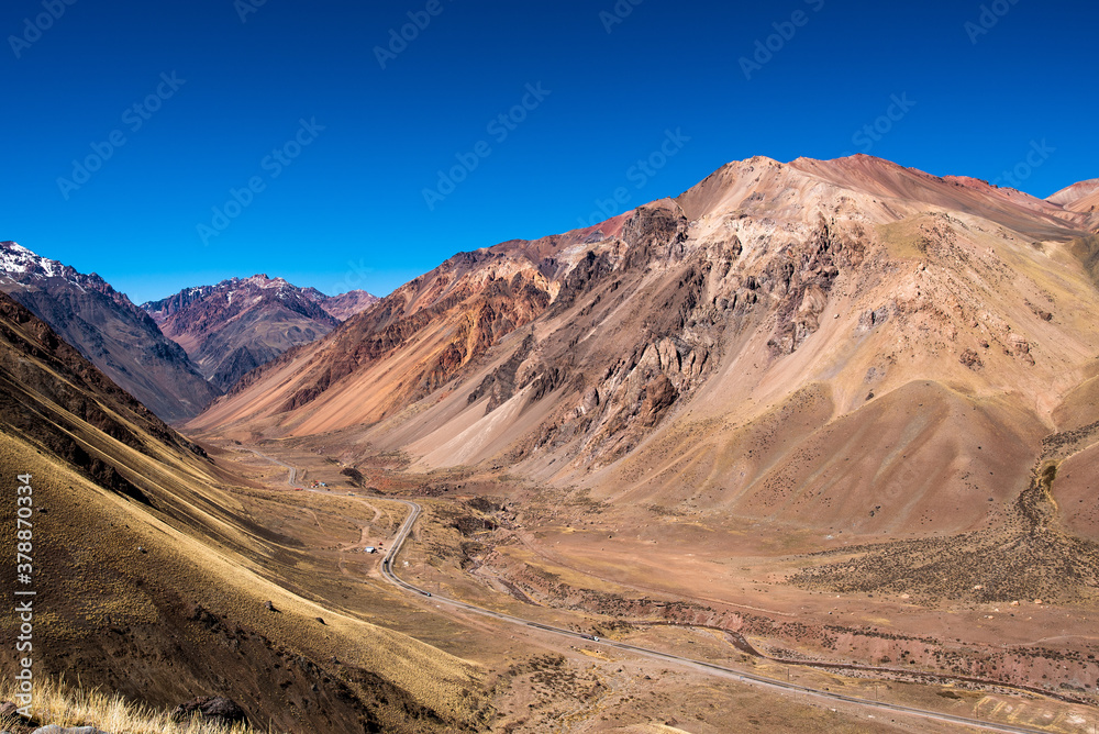 Mountains and road near Los Penitentes ski resort, Argentina.