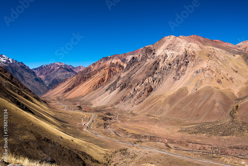 Mountains and road near Los Penitentes ski resort, Argentina.