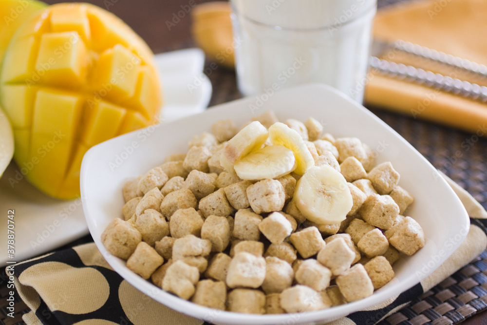 Close-up of banana slices on breakfast cereal Close-up of banana slices on breakfast cereal