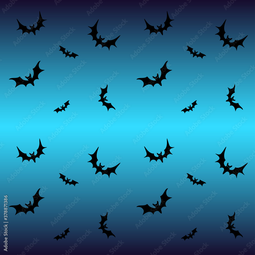 Bats on a blue background - seamless pattern for Halloween. Black silhouettes of bats on a gradient background. Hymenoptera mammals. Bats on a blue background - seamless pattern for Halloween. Black silhouettes of bats on a gradient background. Hymenoptera mammals.