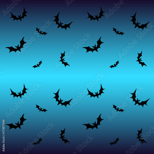 Bats on a blue background - seamless pattern for Halloween. Black silhouettes of bats on a gradient background. Hymenoptera mammals. © Hanna