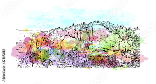 Building view with landmark of Banjaluka is the second largest city in Bosnia. Watercolor splash with hand drawn sketch illustration in vector.