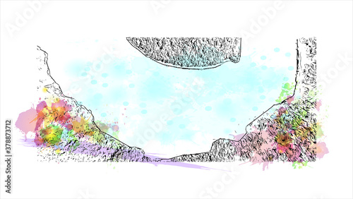 Building view with landmark of Banjaluka is the second largest city in Bosnia. Watercolor splash with hand drawn sketch illustration in vector.