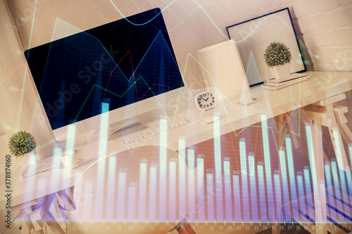 Double exposure of financial graph drawing and office interior background. Concept of stock market. © peshkova