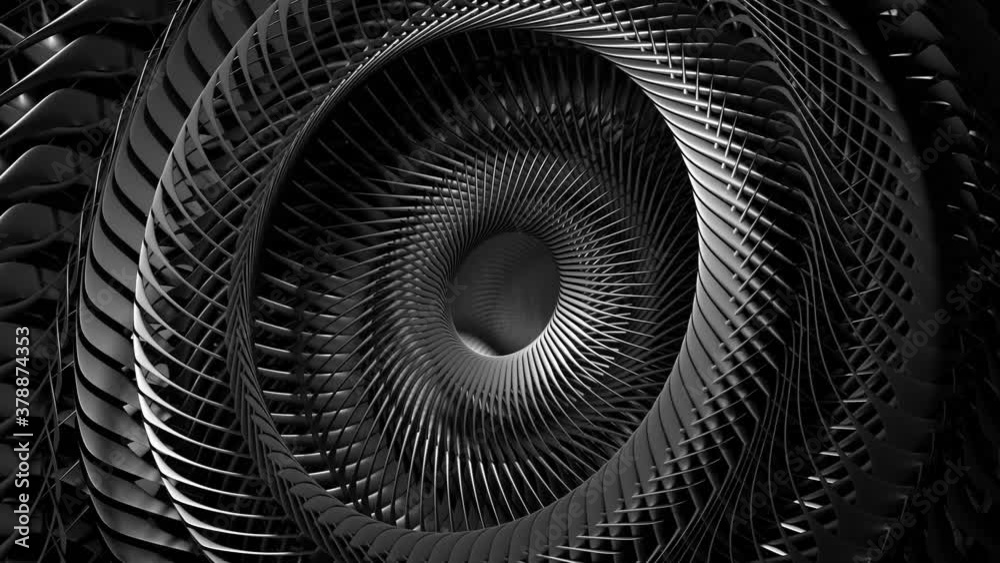 3d video loop of abstract black and white art of surreal 3d background with part of a turbine jet engine with sharp blades in matte metal material.  funnel in a spiral pattern with a hole 