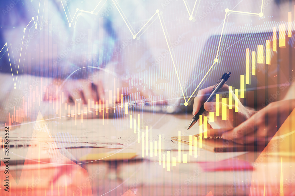 Multi exposure of woman hands typing on computer and forex chart hologram drawing. Stock market analysis concept. Multi exposure of woman hands typing on computer and forex chart hologram drawing. Stock market analysis concept.