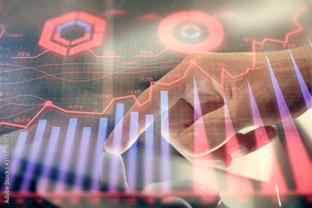 Multi exposure of man's hands holding and using a phone and financial chart drawing. Market analysis concept. Multi exposure of man's hands holding and using a phone and financial chart drawing. Market analysis concept.