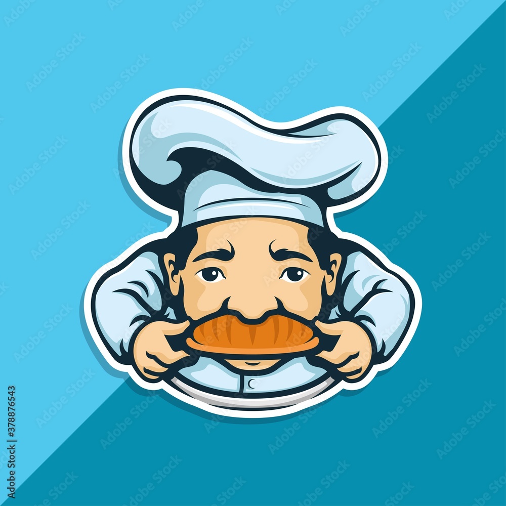 chef character with bakery on mustache. food logo. character logo. vector illustration chef character with bakery on mustache. food logo. character logo. vector illustration
