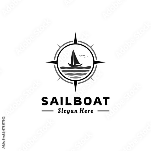 Compass With Sailing Boat Logo Design Stock Vector 