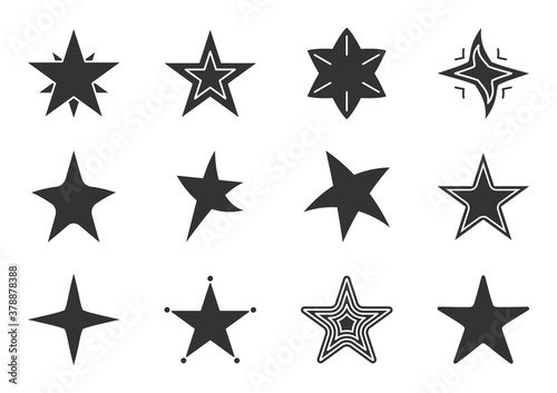 Set of star black icons. Abstract template different shape stars. Empty starry sign for design logo. Silhouette classic rank reward in game or web site premium rating. Isolated vector illustration