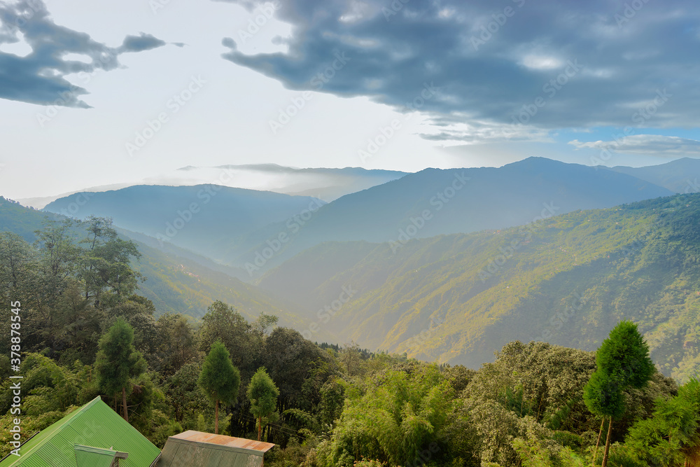 Obraz premium Green valley between Himalayan mountain slopes with tree lines in the foreground, shot with morning mist at Sikkim, India.