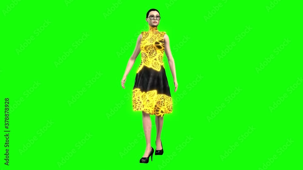 3D animation with a oriental looking female avatar woman in two different a colourful patterned dresses, walking and talking. 3D animation with a oriental looking female avatar woman in two different a colourful patterned dresses, walking and talking.