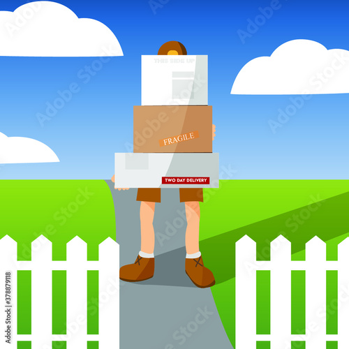 Delivery man brings packages to home with white picket fence. Vector illustration.