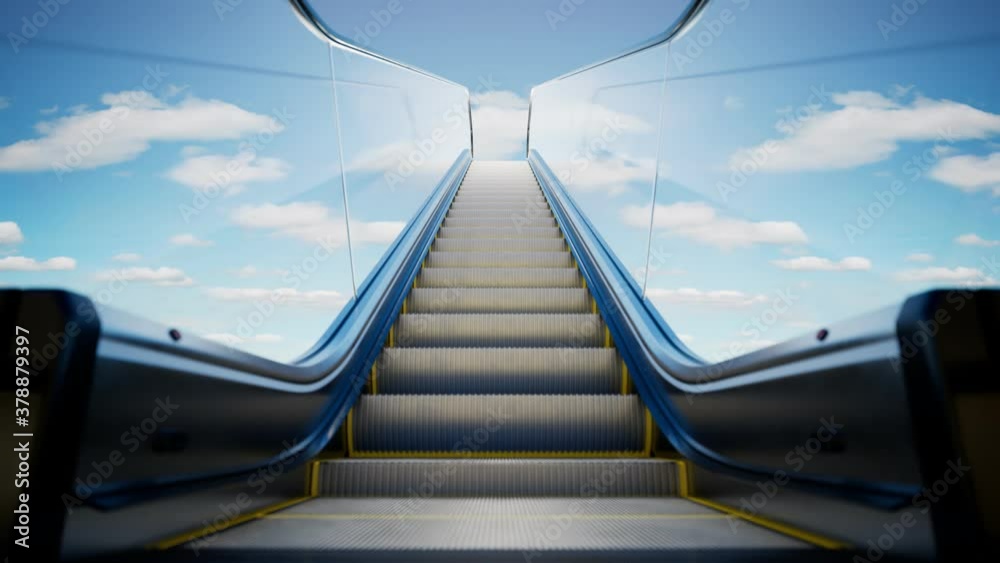Modern escalator made of glass and steel. Blue sky with clouds in the background Modern escalator made of glass and steel. Blue sky with clouds in the background