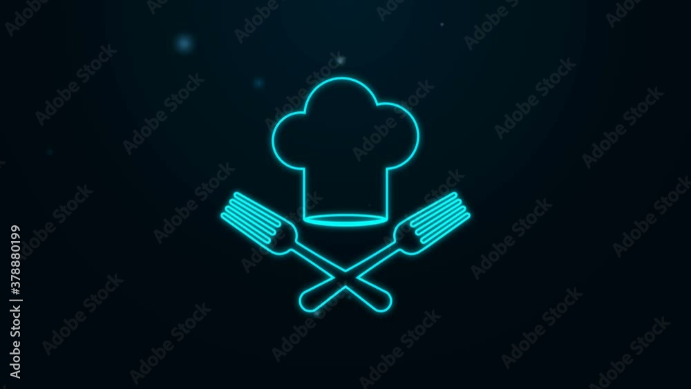 Glowing neon line Chef hat and crossed fork icon isolated on black background. Cooking symbol. Restaurant menu. Cooks hat. 4K Video motion graphic animation Glowing neon line Chef hat and crossed fork icon isolated on black background. Cooking symbol. Restaurant menu. Cooks hat. 4K Video motion graphic animation