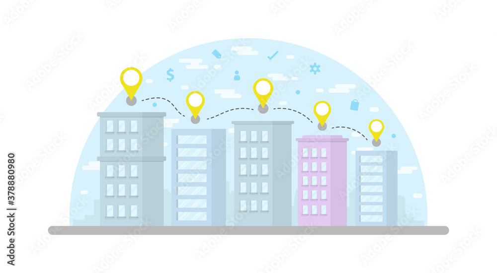 Pin map  floating on top of buildings. City scape with sky background. Technology icon around sky. Delivery concept. Transportations concept.  