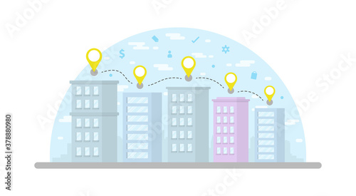 Pin map floating on top of buildings. City scape with sky background. Technology icon around sky. Delivery concept. Transportations concept. 