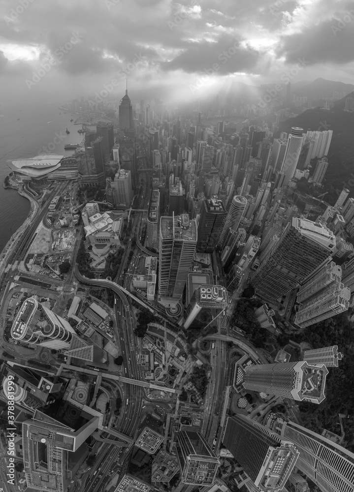 Top view of Hong Kong City in Black and White tone - obrazy, fototapety, plakaty 