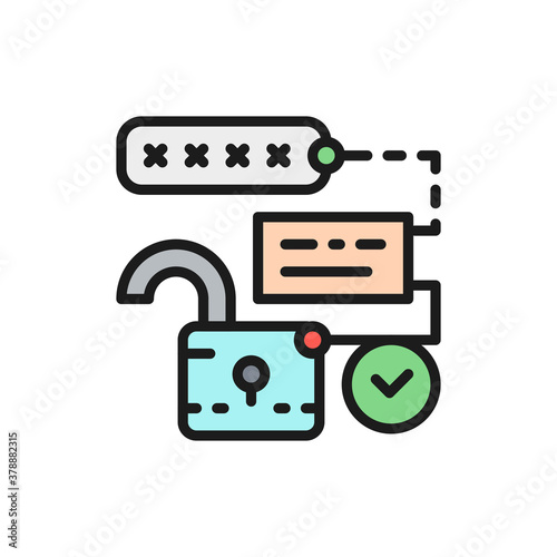 Open lock with pin code, password and unlock, cryptography flat color line icon.