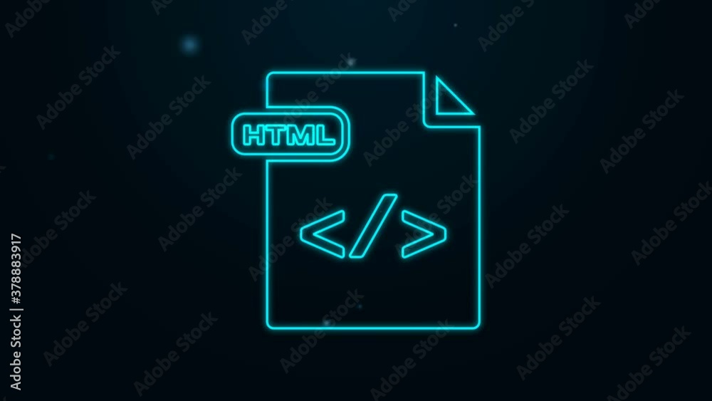 Glowing neon line HTML file document. Download html button icon isolated on black background. HTML file symbol. Markup language symbol. 4K Video motion graphic animation Glowing neon line HTML file document. Download html button icon isolated on black background. HTML file symbol. Markup language symbol. 4K Video motion graphic animation