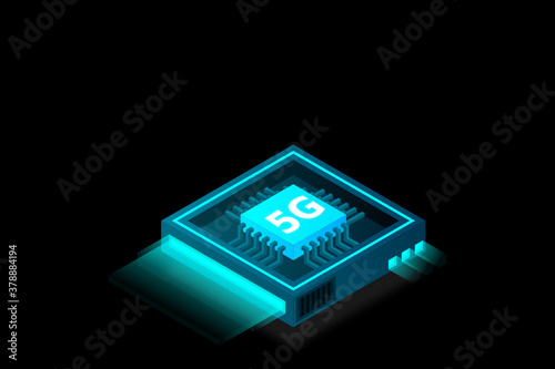 5G network processor illustration. Mobile wireless internet of next generation. Isometric futuristic micro chip. micro chip illustration. PC mainboard illustration background. 3D isometric hardware.