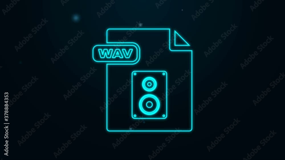Glowing neon line WAV file document. Download wav button icon isolated on black background. WAV waveform audio file format for digital audio riff files. 4K Video motion graphic animation Glowing neon line WAV file document. Download wav button icon isolated on black background. WAV waveform audio file format for digital audio riff files. 4K Video motion graphic animation