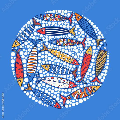 Cute fish card. Around motif with fish.
