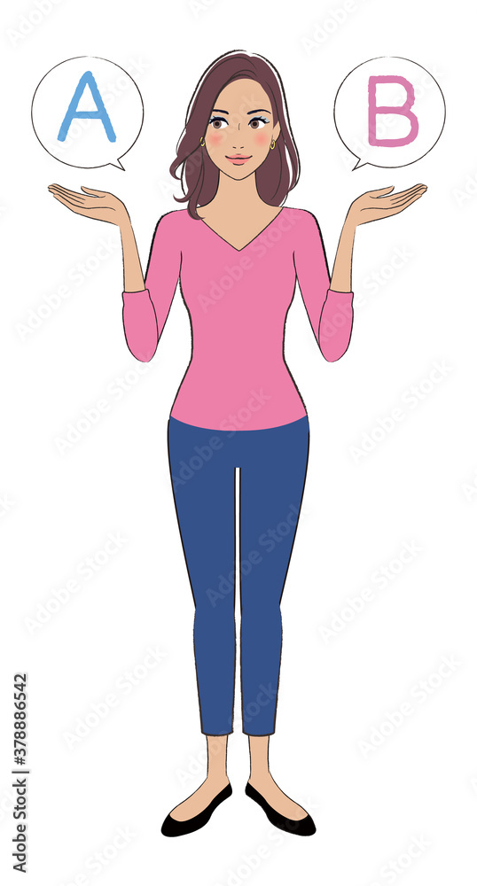 A beautifui woman with brown skin comparing A with B A beautifui woman with brown skin comparing A with B
