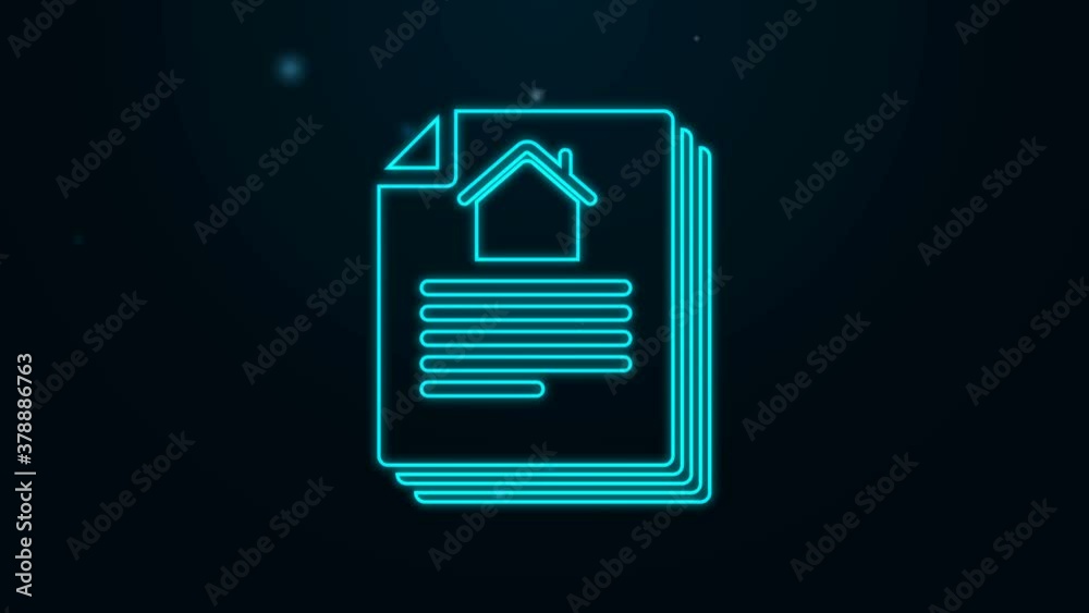 Glowing neon line House contract icon isolated on black background. Contract creation service, document formation, application form composition. 4K Video motion graphic animation Glowing neon line House contract icon isolated on black background. Contract creation service, document formation, application form composition. 4K Video motion graphic animation