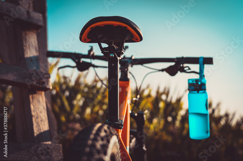 Rückseite eine Mountain Bike Fahrrad vor einem Bokeh Hintergrund aus Maisfeld und Himmel im Herbst