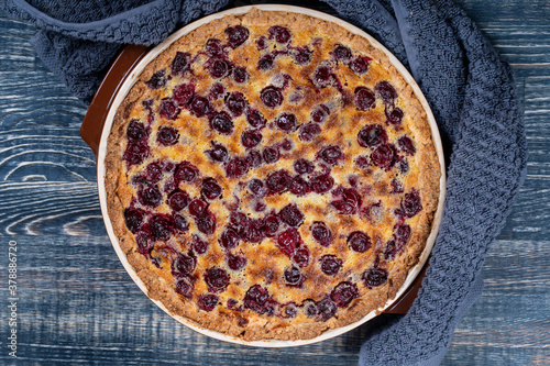 Homemade organic cherry pie dessert ready to eat, close up. Cherry tart
