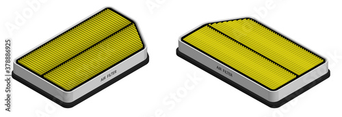 Isometric. Set of air filters for car interior. Air conditioning in car. Maintenance in service workshop. 3D Vector